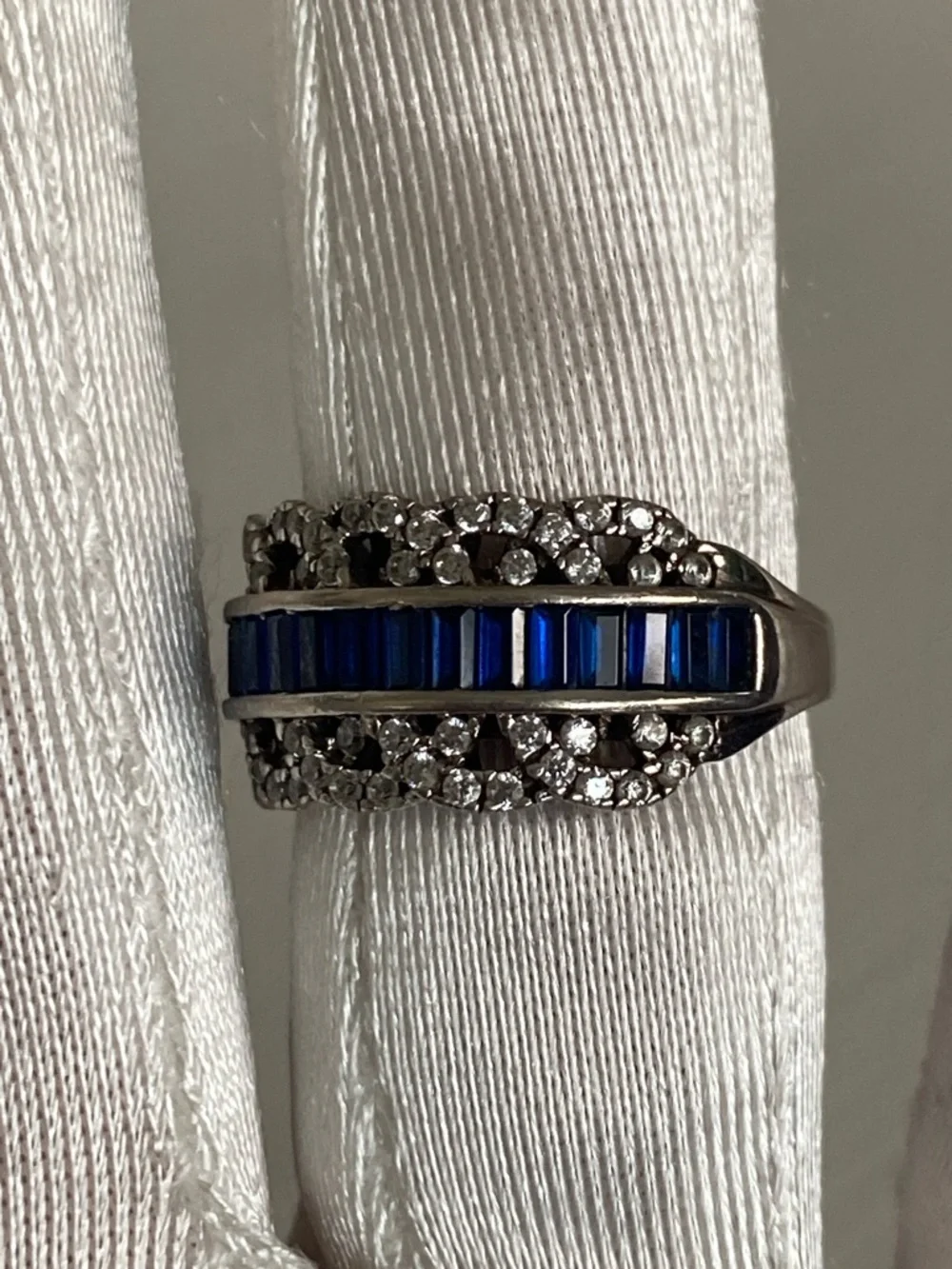 18K White Gold Plated Lab Blue Sapphire & 1/4 TCW Diamond Filigree Ring Sz 7